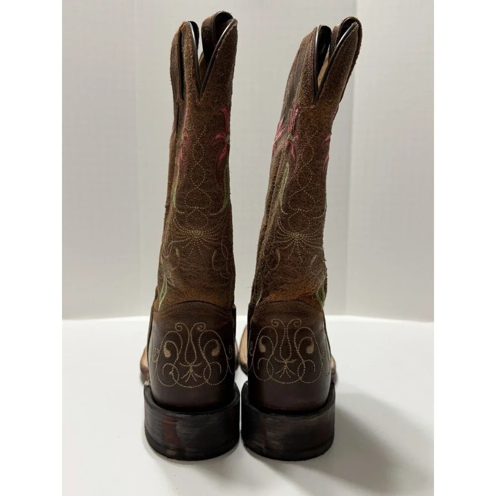Tony Lama San Saba Boots Womens 7.5 B Brown Floral Square Toe Handcrafted - Picture 3 of 11